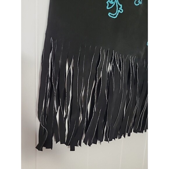 Vintage Western Rodeo Fringe Black Blue Leather Embroidered Skirt Size 10 - Picture 5 of 10